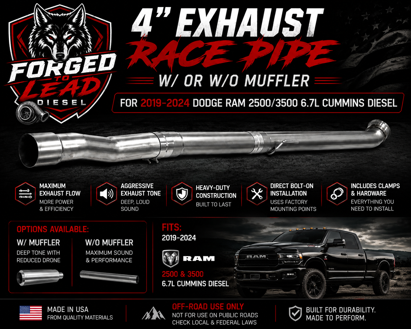 2019-2024 Dodge Ram 2500/3500 6.7L Cummins | 4" Exhaust Race Pipe (With or Without Muffler)